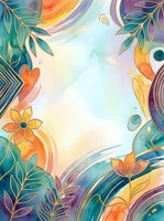 Watercolor floral frame with gold outlines, teal, orange, and purple tones, soft pastel center for text or design placement.