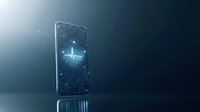 Glowing health monitoring app on smartphone screen floating in dark space with heart rate pulse line and sparkles, modern medical technology concept.