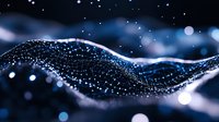 Abstract digital wave with glowing particles and bokeh lights on dark blue background, representing technology, data visualization, or network connections.