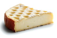 Wedge of ripe brie cheese with white edible rind and creamy interior on white background, isolated piece of soft French cheese showing texture and pattern.