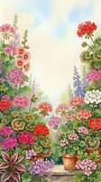 Watercolor geranium garden border with colorful blooms in terracotta pots creating floral frame for spring and summer botanical designs.
