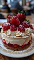 Fresh strawberry cheesecake topped with whipped cream rosettes and powdered sugar, featuring bright red berries and graham cracker crust on white plate, restaurant setting.