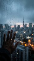 Hand touching rainy window with blurred cityscape and twinkling lights in background, creating moody atmospheric scene on stormy evening.