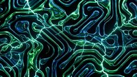 Neon glowing wavy lines in green and blue create an abstract flowing pattern against dark background, suitable for digital design and modern graphics.