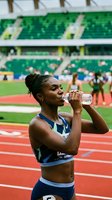 Young female athlete of African descent wearing sports attire drinks water from a bottle while standing on a red running track at a stadium during competition, ideal for sports, fitness, and wellness content.
