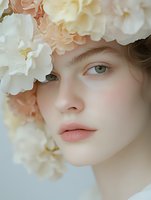 Young woman with delicate floral crown of white and peach peonies, soft natural makeup and ethereal beauty portrait for wedding and fashion concepts.