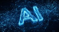 Glowing blue AI letters floating in digital network space with connected dots and lines representing artificial intelligence technology and machine learning concepts.