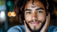 Young man with curly hair and "Open" written on forehead smiles while touching face, conveying mindfulness and positivity against blurred background.