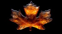 Glowing maple leaf with fiery orange and amber translucent effect on black background for autumn seasonal designs and nature concepts.