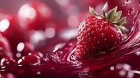 Fresh red strawberry splashing into vibrant red juice with dynamic liquid motion and sparkling bokeh lights creating refreshing summer beverage concept.