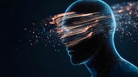 Digital human head silhouette with glowing orange light streams across face, representing artificial intelligence, technology, and digital transformation.