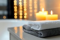 Folded spa towels in white and gray with glowing candles and bokeh lights creating relaxing atmosphere for wellness and meditation background.
