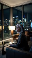 Mature woman with gray hair, Caucasian ethnicity, wearing dark business attire, sitting on modern sofa in luxury high-rise apartment at night, gazing out at illuminated city skyline through floor-to-ceiling windows, contemporary interior design with table lamp.