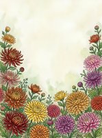 Autumn chrysanthemum flowers frame border with colorful blooms in orange, yellow, pink and purple hues on textured background for seasonal designs.