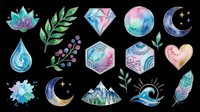Watercolor mystical elements including lotus flower, diamond, moon, feather, mountains, and geometric shapes isolated on transparent background. Ready for t-shirt design, stickers, clipart, sublimation, and print-on-demand projects.