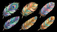 Colorful decorative feathers set with ethnic patterns, isolated on transparent background. Ready for stickers, t-shirt design, sublimation, and print on demand clipart use.