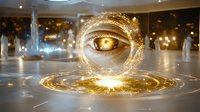 Mystical golden eye emerging from magical portal with glowing light effects and energy circles, surrounded by ethereal atmosphere in futuristic space.