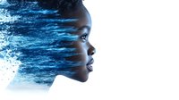 Profile of young African woman dissolving into blue ocean waves, artistic double exposure effect showing connection between human and nature, spiritual concept.