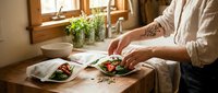 Person with tattoo preparing fresh vegetables on wooden table near window with potted herbs and bowl, cooking healthy meal at home.