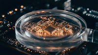 Microchip under magnifying glass on circuit board with warm lighting showcasing semiconductor technology and electronic components for tech industry applications.