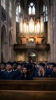 Graduates in caps and gowns celebrate commencement ceremony in gothic cathedral with pipe organ and stained glass windows creating inspiring academic atmosphere.