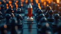 Red and white rocket chess piece stands out among black pawns on chessboard with orange bokeh lights in background, symbolizing leadership and innovation strategy.