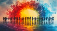 Silhouettes of diverse people standing together against vibrant rainbow sky background with water reflection creating unity and inclusion concept for social media.
