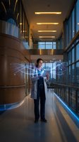 Female doctor using digital tablet with holographic data streams in modern hospital corridor showcasing futuristic healthcare technology and medical innovation.