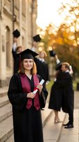 Young Caucasian female graduate in cap and gown holding diploma outside university building with classmates celebrating in background during golden hour.