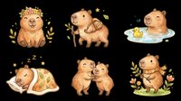 Cute capybara clipart set with six watercolor scenes, isolated on transparent background, ready for stickers, t-shirt design, print on demand, and sublimation crafts.