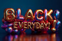 Black Friday everyday sale concept with metallic balloon letters on dark blue background for retail marketing campaigns.