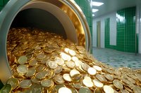 Gold coins spilling from medical MRI scanner in hospital hallway with green tiled walls, symbolizing expensive healthcare costs and medical expenses.