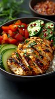 Grilled chicken breast sliced and served in bowl with fresh vegetables, avocado, jalapeno and pomegranate seeds over rice, garnished with herbs and spices.