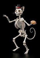 Skeletal cat character with top hat holding cookie, isolated on black background for Halloween designs, greeting cards, and festive merchandise.