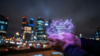 Business transition concept with glowing purple hologram in hand against blurred city skyline at night, representing digital transformation and corporate change management.