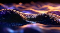Glowing digital wave of particles flowing in dark space with orange and blue light effects creating futuristic abstract technology background.