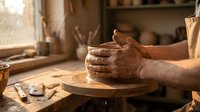 Potter hands shaping clay on spinning wheel in warm sunlit workshop. Traditional craftsmanship and ceramic artistry in rustic studio setting.
