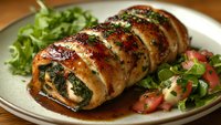 Juicy chicken breast rolled with spinach and herbs, served sliced on white plate with fresh salad and sauce. Gourmet dinner presentation.