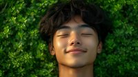 Young Asian male with serene expression and closed eyes surrounded by lush green foliage, illuminated by warm sunlight creating peaceful, mindful atmosphere.