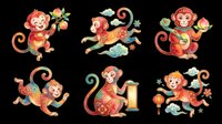 Six colorful Chinese zodiac monkey characters in traditional folk art style, isolated on transparent background, ready for stickers, t-shirt design, and print on demand.