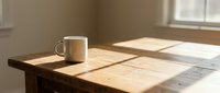 Ceramic mug on wooden table in sunlit room with natural light streaming through window, minimalist interior design setting.