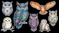 Colorful owl collection featuring seven decorative birds with ornate patterns, isolated on transparent background. Ready for t-shirt design, clipart, stickers, sublimation, and print-on-demand projects.