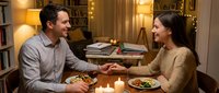 Couple enjoying dinner together at home with candles, sharing a romantic meal in a cozy living room setting with warm lighting and bookshelves.