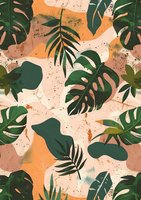 Seamless tropical pattern with monstera leaves and palm fronds on abstract orange background with grunge texture. Repeating design for fabric and wallpaper.