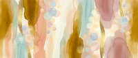 Abstract watercolor background with flowing vertical brushstrokes in soft pastel colors of gold, pink, mint green and cream for modern design projects.