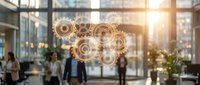 Golden gear mechanisms floating in modern office lobby with business professionals networking in blurred background during golden hour lighting.