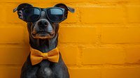 Black dog wearing sunglasses and orange bow tie against vibrant yellow wall background, humorous pet portrait showcasing stylish fashion accessories.