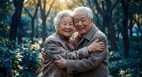 Happy senior Asian couple embracing in autumn park with golden sunlight filtering through trees creating warm romantic atmosphere for elderly love concept.