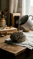 Hot coffee pouring from enamel mug onto fresh artisan bread loaf on rustic wooden surface with vintage kitchen styling and natural window light.
