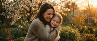 Happy mother and daughter embracing outdoors during golden hour sunset in spring garden with blooming trees creating warm family bonding moment together.